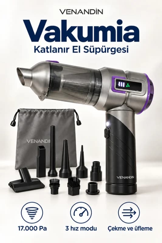 MD-A8 VAKUMİA Kablosuz El Süpürgesi 100W, 3 Kademeli, 200 ml - SİYAH-BEYAZ