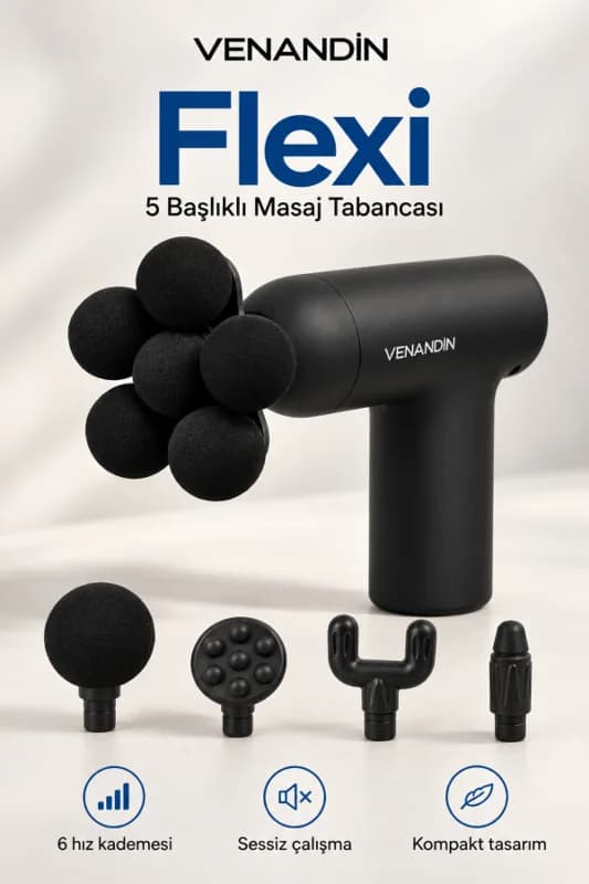 MD-9901 FLEXİ Darbeli Masaj Tabancası 60W, 6 Kademeli, 5 Başlıklı - SİYAH