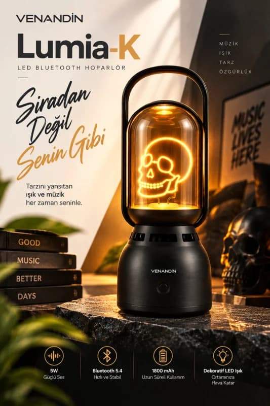 Z15-K LUMİA-K Bluetooth Hoparlörlü LED Gece Lambası 5W, 1800K Sıcak Işık, 160 Lümen, TWS - SİYAH