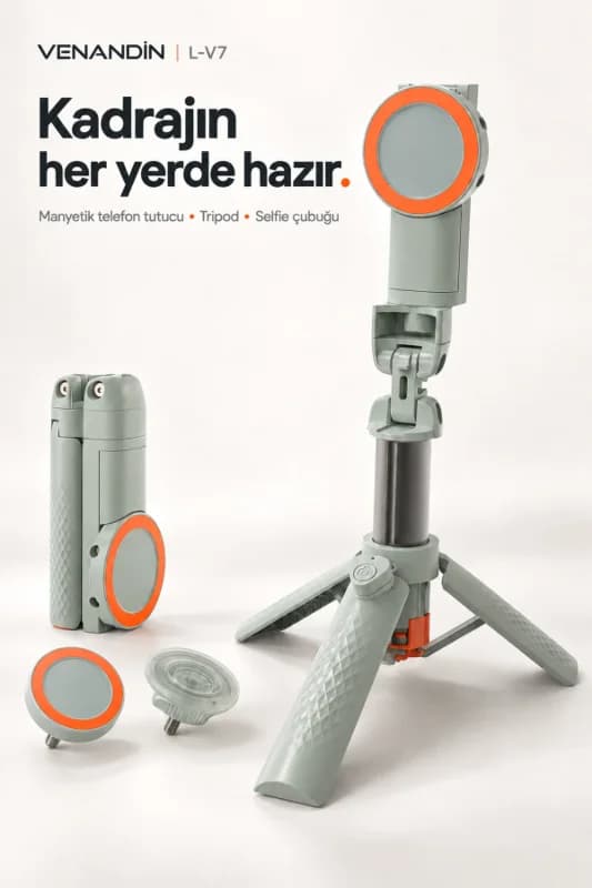 L-V7 Manyetik Bluetooth Kumandalı Tripod Selfie Çubuğu 64 cm, 3 Ayaklı, 2 kg Taşıma - SİYAH