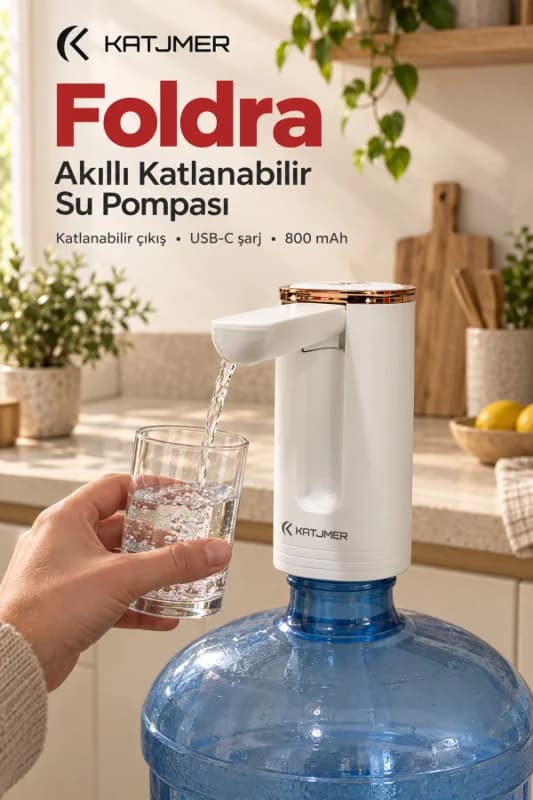 KJ/FD-001 FOLDRA Şarjlı Damacana Su Pompası, Katlanabilir, Tek Tuş, USB Şarjlı, 1,4 L/dk - BEYAZ