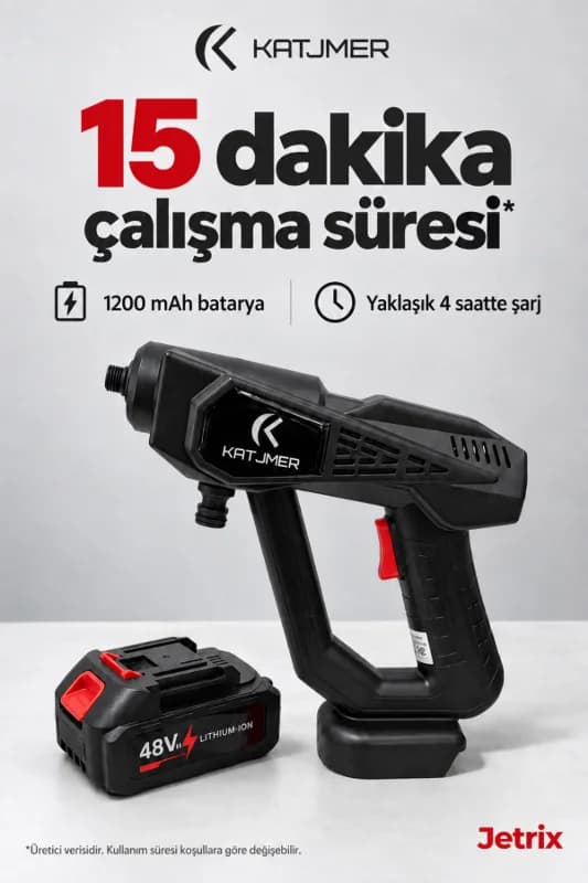 KJ/JX-001 JETRİX Şarjlı Araç Yıkama Makinesi 21V, 126W, Taşınabilir Basınçlı Yıkama, Köpük Kaplı, Çantalı - SİYAH