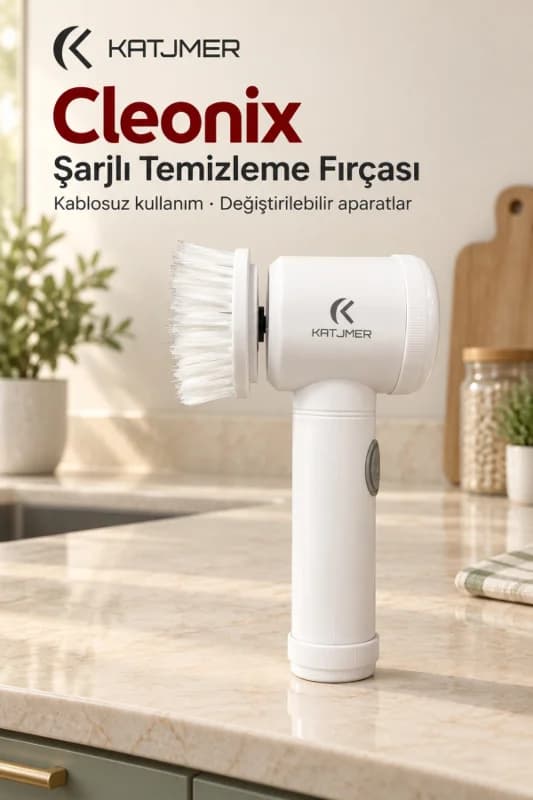 CBCNX-001 CLEONİX USB Şarjlı Elektrikli Temizlik Fırçası, 5'i 1 Arada Başlık, Duvar Askılı - BEYAZ
