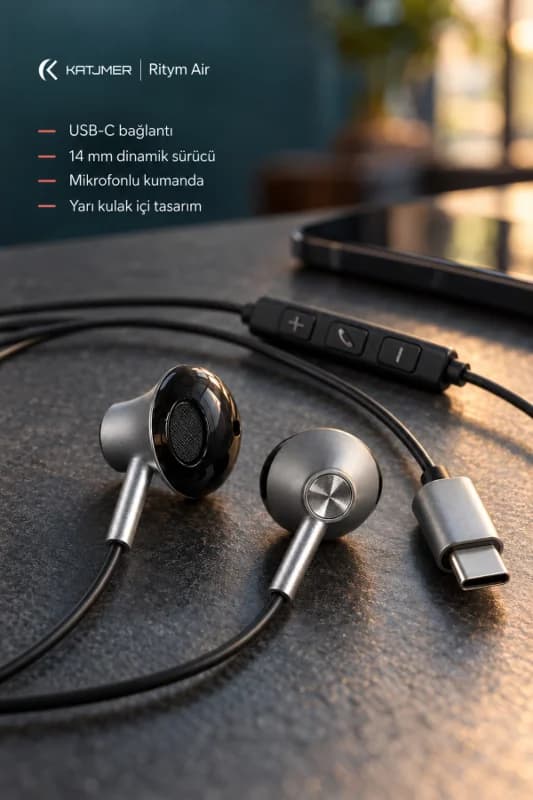 YTL-12 RİTYM AİR USB-C Mikrofonlu Kablolu Kulaklık, Yarı Kulak İçi, Dahili DAC, Kumandalı, 1,2 m - SİYAH