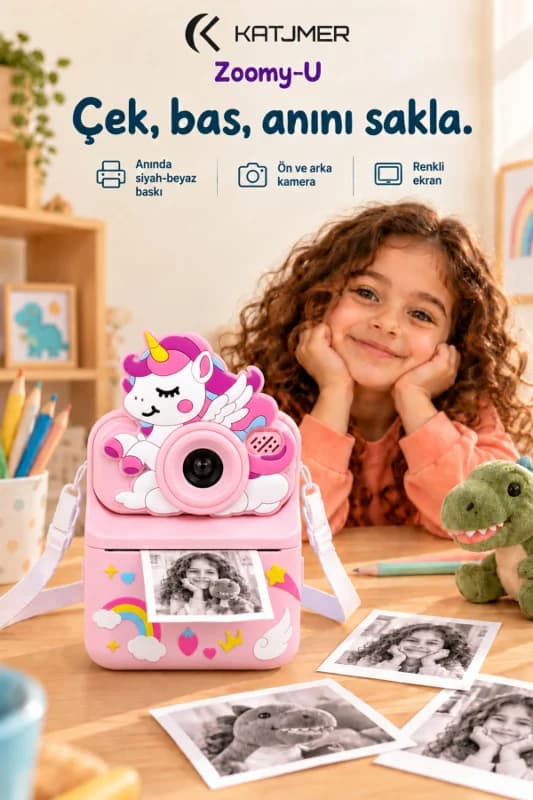 KJ/ZM-004 ZOOMY-U Unicorn Figürlü Anında Baskılı Çocuk Fotoğraf Makinesi, Çift Kamera, 2,4 İnç Ekran, 1080P Video, 3+ Yaş