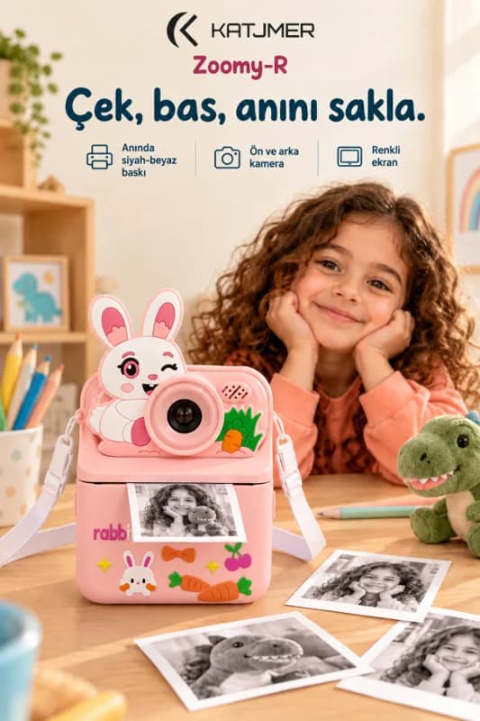 KJ/ZM-003 ZOOMY-R Tavşan Figürlü Anında Baskılı Çocuk Fotoğraf Makinesi, Çift Kamera, 2,4 İnç Ekran, 1080P Video, 3+ Yaş