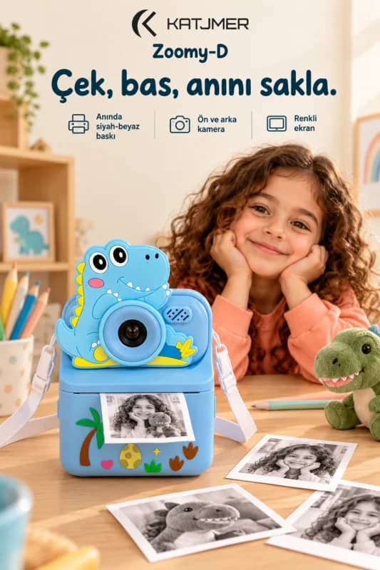 KJ/ZM-002 ZOOMY-D Dinozor Figürlü Anında Baskılı Çocuk Fotoğraf Makinesi, Çift Kamera, 2,4 İnç Ekran, 1080P Video, 3+ Yaş