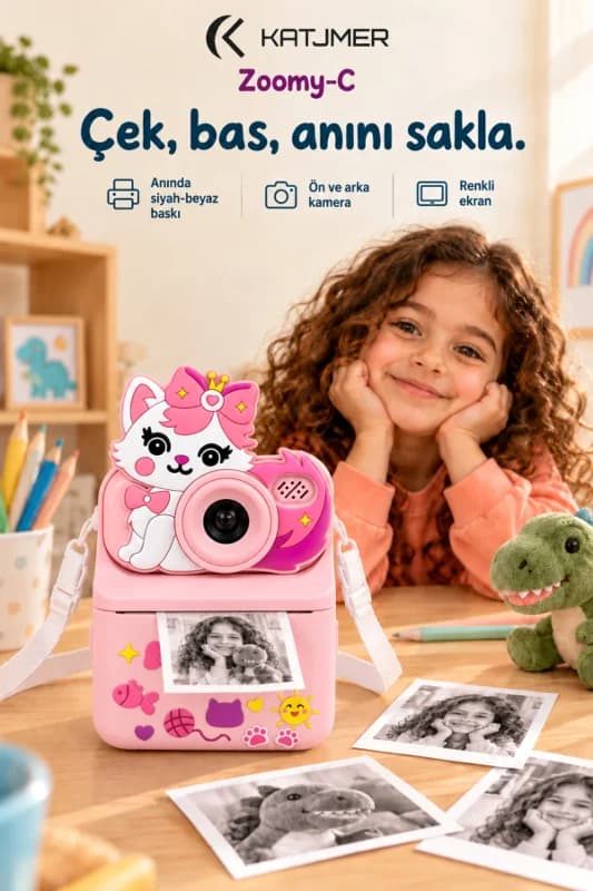 KJ/ZM-001 ZOOMY-C Kedi Figürlü Anında Baskılı Çocuk Fotoğraf Makinesi, Çift Kamera, 2,4 İnç Ekran, 1080P Video, 3+ Yaş