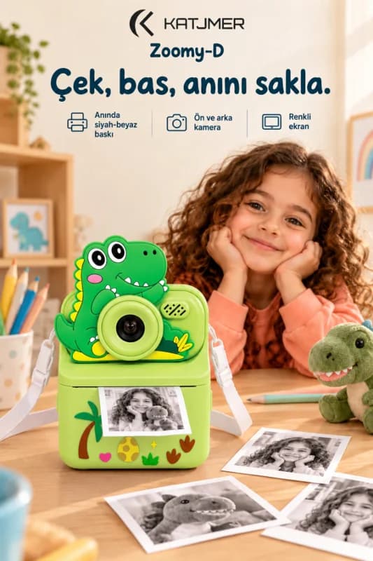 KJ/ZM-002 ZOOMY-D Dinozor Figürlü Anında Baskılı Çocuk Fotoğraf Makinesi, Çift Kamera, 2,4 İnç Ekran, 1080P Video, 3+ Yaş