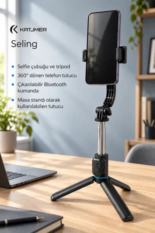 C01 SELİNG Bluetooth Kumandalı Tripod Selfie Çubuğu 107,5 cm, 7 Bölümlü, Çıkarılabilir Tutucu, CR2032 - SİYAH
