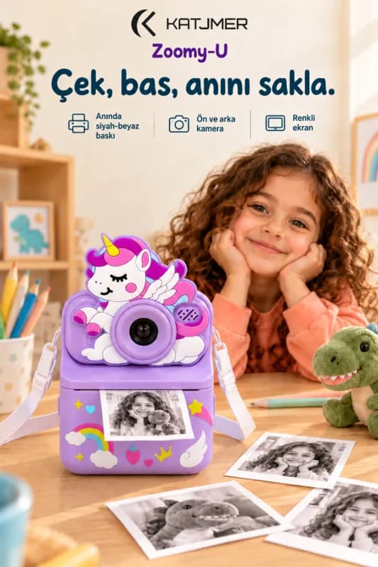 KJ/ZM-004 ZOOMY-U Unicorn Figürlü Anında Baskılı Çocuk Fotoğraf Makinesi, Çift Kamera, 2,4 İnç Ekran, 1080P Video, 3+ Yaş