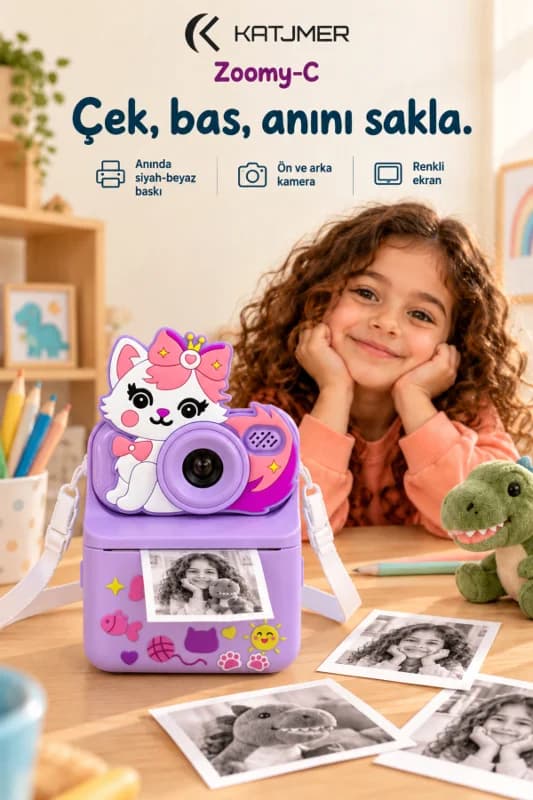KJ/ZM-001 ZOOMY-C Kedi Figürlü Anında Baskılı Çocuk Fotoğraf Makinesi, Çift Kamera, 2,4 İnç Ekran, 1080P Video, 3+ Yaş