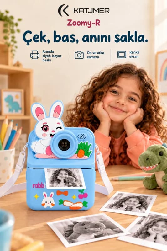 KJ/ZM-003 ZOOMY-R Tavşan Figürlü Anında Baskılı Çocuk Fotoğraf Makinesi, Çift Kamera, 2,4 İnç Ekran, 1080P Video, 3+ Yaş