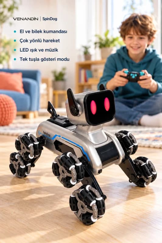 2950-1 SPİNDOG Çift Kumandalı Işıklı Müzikli Robot Köpek, Şarjlı, 2,4 GHz, 8 Tekerlekli, 6+ Yaş