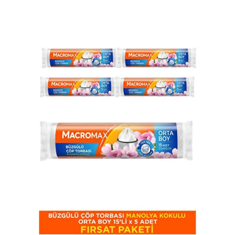 (MACROMAX ORTA BÜZGÜLÜ ÇÖP POŞETİ MANOLYA KOKULU 15 Lİ (5 Adet) Koli
