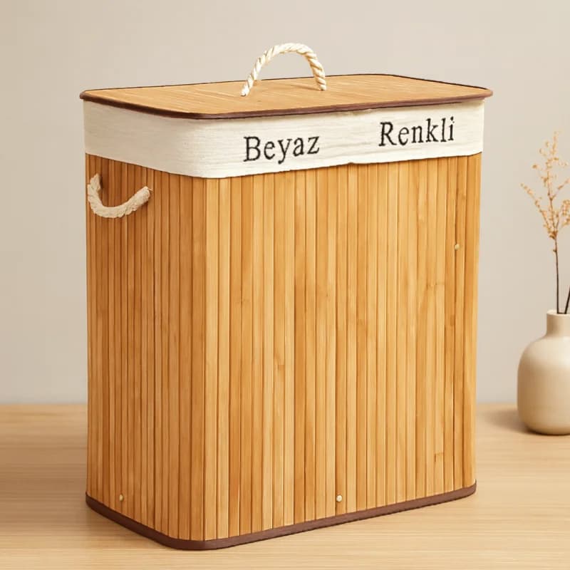 Bambu Ahşap 2 Bölmeli Çamaşır Sepeti 52x32x62 cm