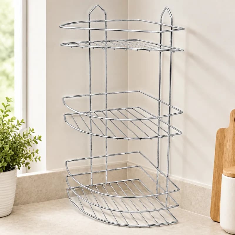 Üç Katlı Üçgen Metal Banyo Köşeliği Krom