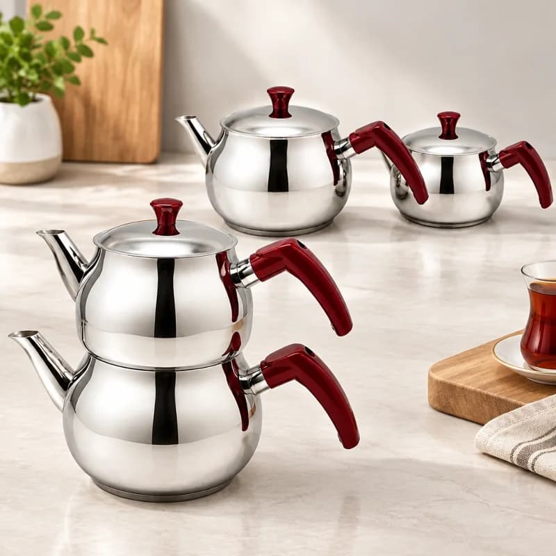 Büyük Küre Çelik Çaydanlık Seti Üst 1.2 Lt Alt 2.0 Lt