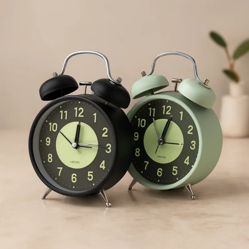 Twin Bell Metal Masa Çalar Saat 11 cm – Pilli, Işıklı, Fosforlu