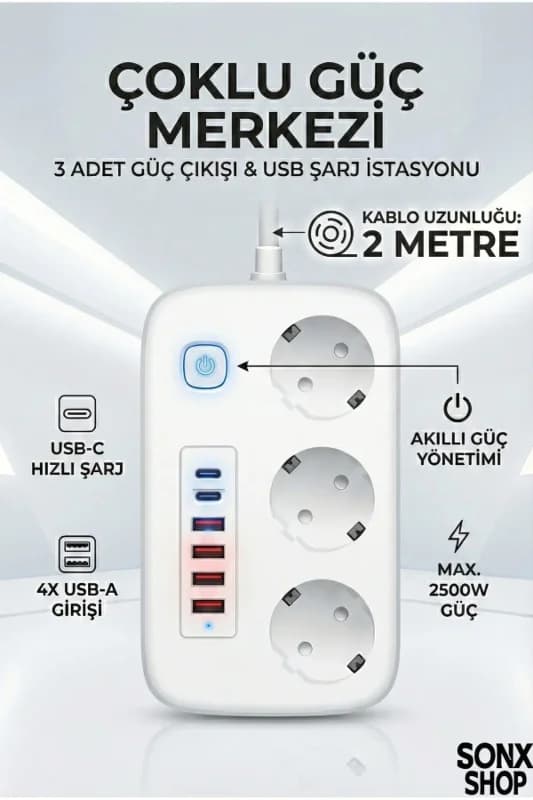 Yüksek Güçlü 2500 W Akım Koruyucu 2 Metre 5 USB Çıkışlı Priz