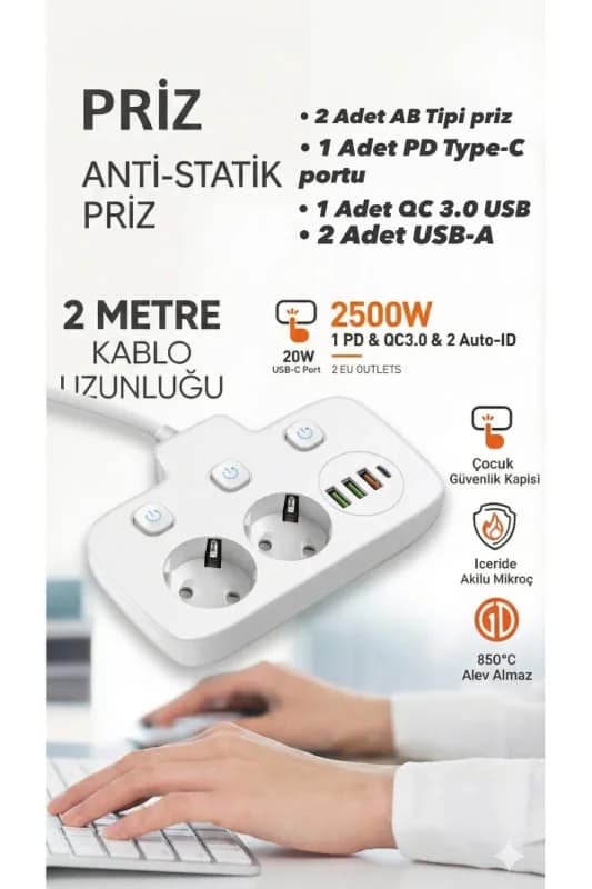 Yüksek Kapasiteli Güç Koruma Prizi 3 USB Type-C Hızlı Şarj 2 Metre