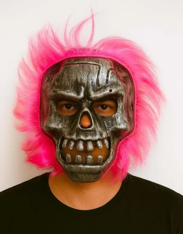 Çarpıcı Pembe Saçlı İskelet Maske - Cadılar Bayramı Kostümü