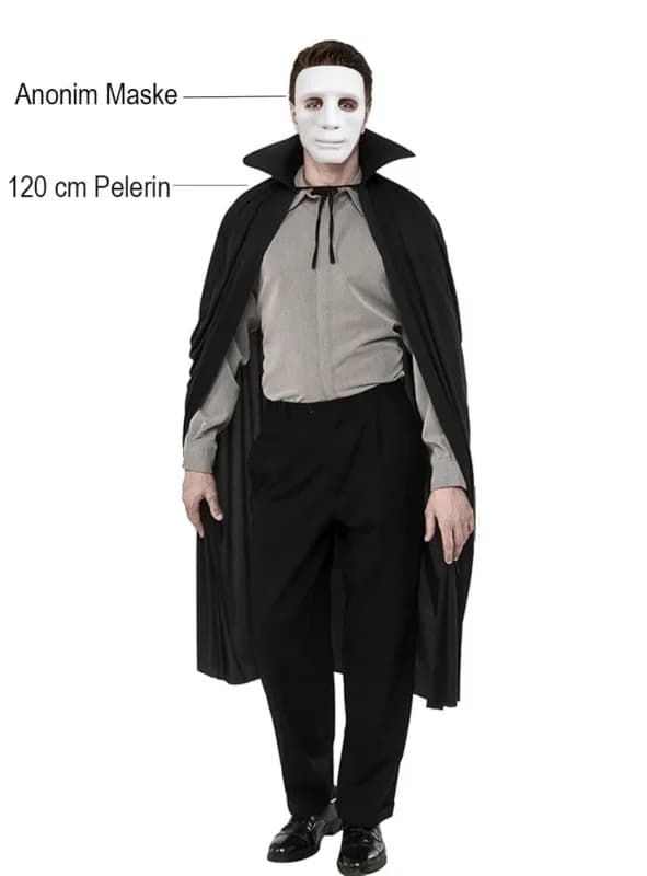 Gizemli Siyah Pelerin ve Beyaz Maske Seti 120 cm