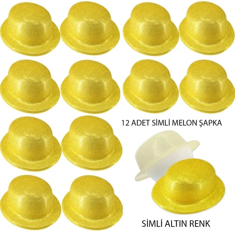 Eğlenceli Altın Renk Simli Melon Şapka 12 Adet