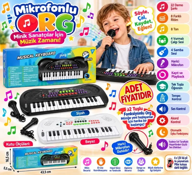 Mikrofonlu Org 32 Tuşlu 3 Yaş ve Üzeri Oyun Aracı