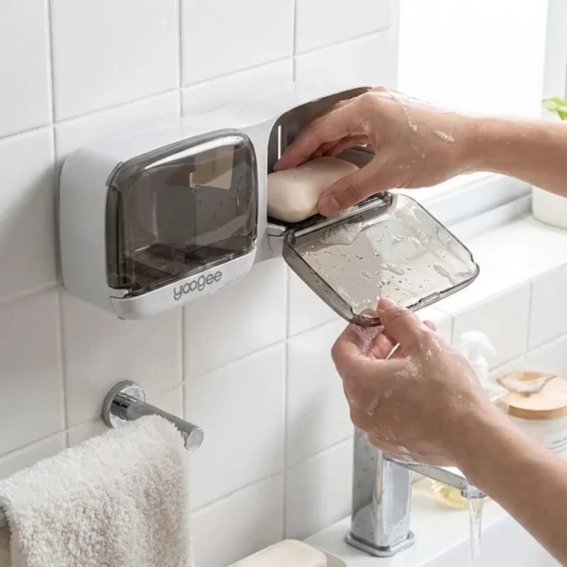 Ergonomik Yapışkanlı İkili Kapaklı Sabunluk Organizeri - Banyo ve Mutfak İçin