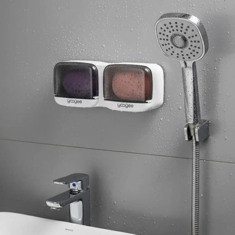 Ergonomik Yapışkanlı İkili Kapaklı Sabunluk Organizeri - Banyo ve Mutfak İçin