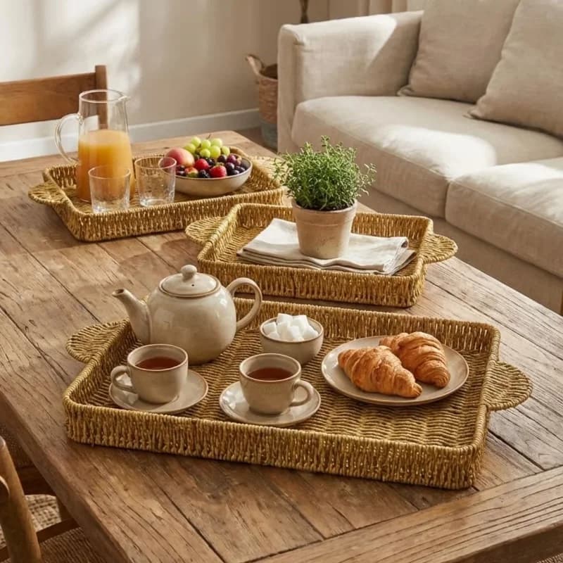 Şık Tasarım Çok Amaçlı İç İçe Geçen Plastik Rattan Tepsi Seti