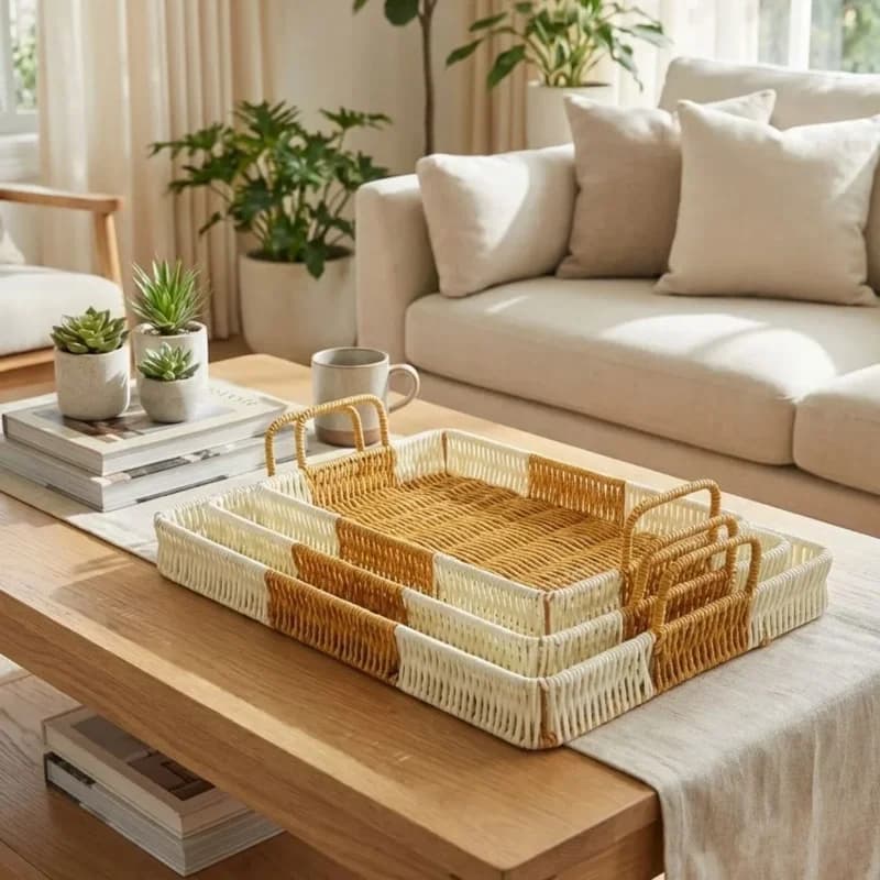 Çift Renkli Dayanıklı Çok Amaçlı İç İçe Geçen Rattan Tepsi Seti