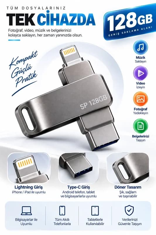 Pratik Çoklu Girişli 128gb Usb Flash Bellek