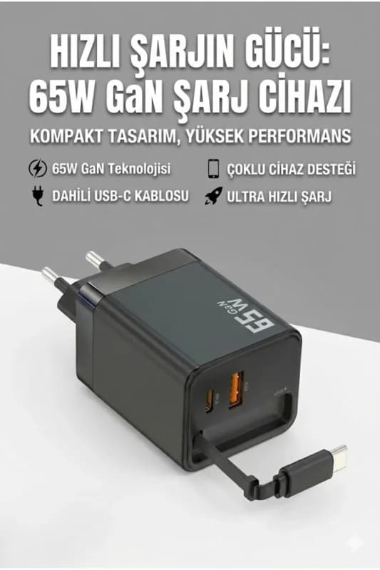Ultra Hızlı 65 W Çok Amaçlı Şarj Cihazı USB-C ve USB-A Çıkış