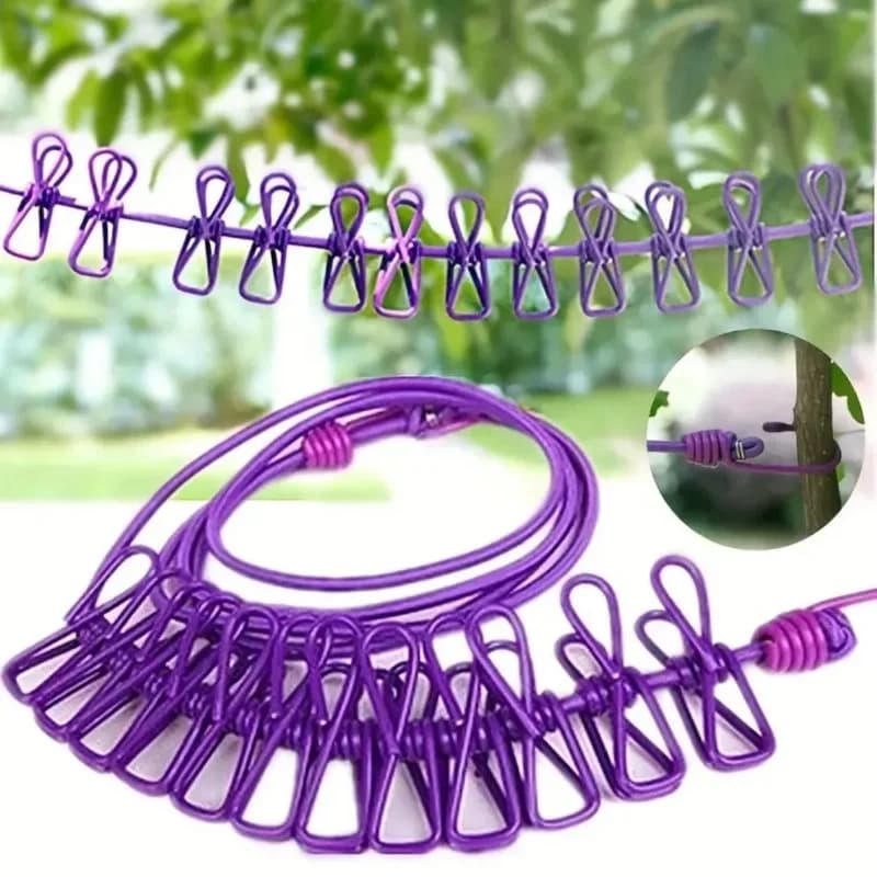 Pratik Taşınabilir Seyahat Çamaşır İpi 12 Mandallı Lastikli Set