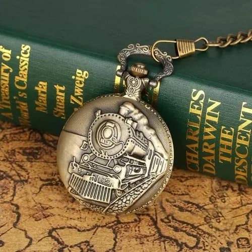 Zarif Antika Tren Tasarımlı Köstekli Cep Saati 4.5 Cm