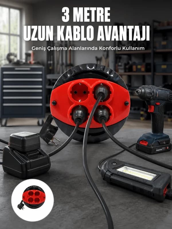 3 Metre Kablolu 4’lü Kırmızı Priz Makara