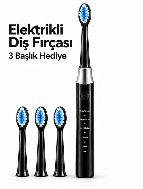 Siyah Elektrikli Diş Fırçası 3 Yedek Başlık Hediyeli