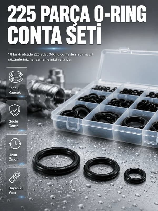 Organizer Kutulu O-Ring Conta Seti 225 Parça | Dayanıklı Kauçuk Sızdırmazlık Contaları