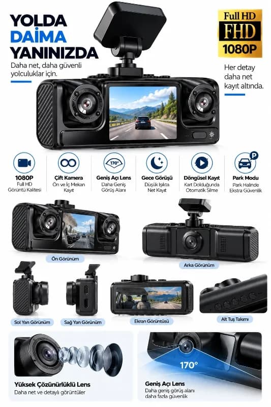 1080p Full Hd Çift Kameralı Araç Kamerası - Geniş Açılı