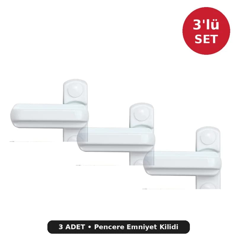 PVC Pencere ve Balkon Kapısı Emniyet Kilidi 3'lü Set - Çocuk Güvenlik Kilidi Beyaz