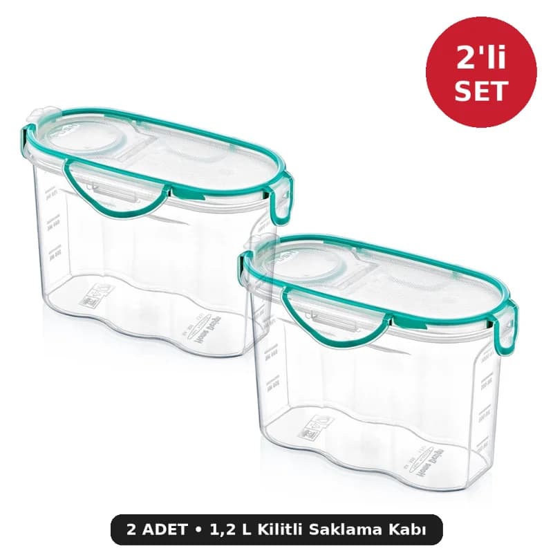 Kilitli Kapaklı Contalı Erzak Saklama Kabı 1,2 L 2'li Set - Hava ve Su Geçirmez