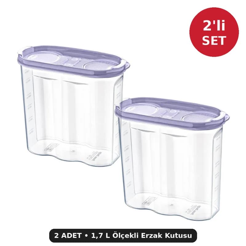 2 Kapaklı Ölçekli Kuru Gıda Saklama Kutusu 1,7 L 2'li Set - Erzak Kabı