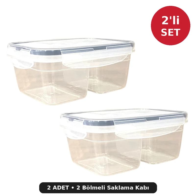 2 Bölmeli Kilitli Kapaklı Saklama Kabı 0,45+0,45 L 2'li Set - Beslenme ve Erzak Kabı