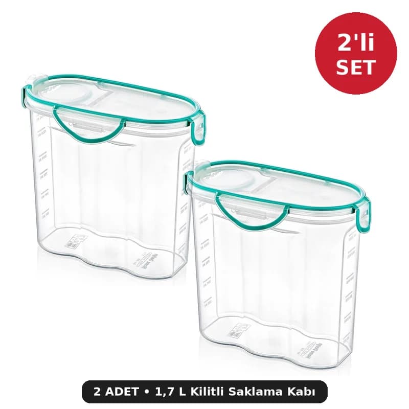 Kilitli Kapaklı Contalı Erzak Saklama Kabı 1,7 L 2'li Set - Hava ve Su Geçirmez