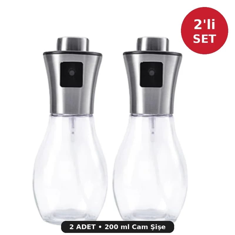 2'li Set Spreyli Sızdırmaz Cam Yağdanlık 200 ml - Yağ Sirke Limon Sos Püskürtücü Sprey Şişe