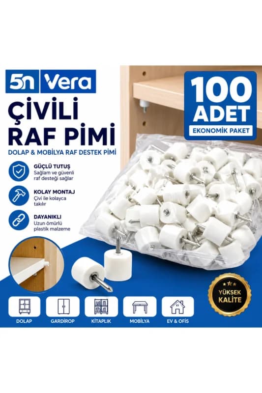 5N Vera 100 Adet Çivili Raf Pimi Beyaz | Dolap Raf Destek Pimi | Mobilya Raf Tutucu Sabitleme Aparatı