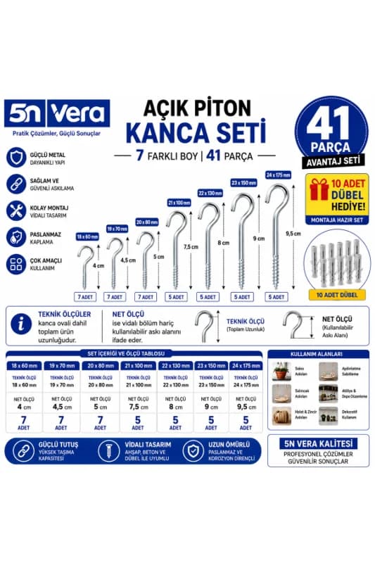 41 Parça Açık Piton Kanca Seti + 10 Dübel Hediyeli | 18x60 19x70 20x80 21x100 22x130 23x150 24x175 mm | Vidalı Tavan Duvar Ahşap Askı Kancası