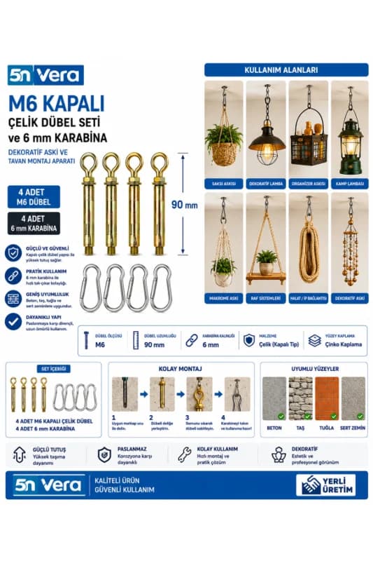 M6 Kapalı Çelik Dübel Seti ve 6 mm Karabina | Dekoratif Askı ve Tavan Montaj Aparatı